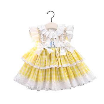 2020summer Nauja siunta Ispanija Mergaitės Kokybės Medvilnės Suknelė, Vaikams, Suknelės Mergaitėms Vestuvių Šventė Saldus Geltonas Tinklelis Vaikiška Suknelė