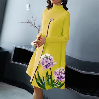 2021 M. Pavasario Moterims Gėlių Spausdinti Elegantiška Suknelė Atsitiktinis Rudenį Ilgomis Rankovėmis Golfo Megzti Ritininės Suknelės Moterų-Line Vestidos