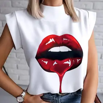 2021 Mados Moterų Lūpų Spausdinti Tshirts Streetwear Stovėti Kaklo, Rankovių T Marškinėliai Vasarą Ponios Baltos Spalvos Marškinėlius Atsitiktinis Moterų Viršų