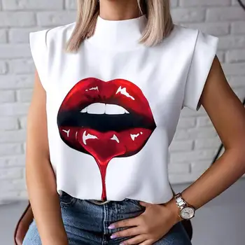 2021 Mados Moterų Lūpų Spausdinti Tshirts Streetwear Stovėti Kaklo, Rankovių T Marškinėliai Vasarą Ponios Baltos Spalvos Marškinėlius Atsitiktinis Moterų Viršų