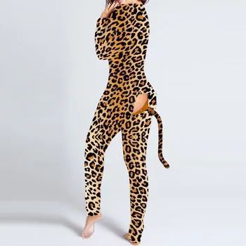 2021 Seksuali Moteris Romper Leopardas Spausdinti Ilgomis Rankovėmis Mygtuką Atvartu, Naktiniai Drabužiai Jumpsuit Bodysuit Playsuit Romper Gyvūnų Cosplay Kostiumas