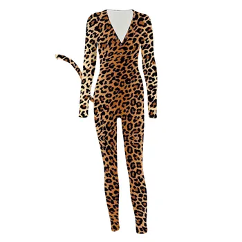 2021 Seksuali Moteris Romper Leopardas Spausdinti Ilgomis Rankovėmis Mygtuką Atvartu, Naktiniai Drabužiai Jumpsuit Bodysuit Playsuit Romper Gyvūnų Cosplay Kostiumas
