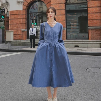 2021 Suknelės Moterims Ilgi Marškinėliai-Suknelė Korėjos Versija V-Kaklo Single-Breasted Aukštis Juosmens Ilgai Didelės Sūpynės Moterų Sijonas C41