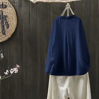 2021 Vintage Palaidinė ZANZEA Moterų Mygtukai Atsitiktinis Marškinėliai ilgomis Rankovėmis Tunika Viršūnes Kietas Blusas Femininas Chemiser Mujer Plius Dydis