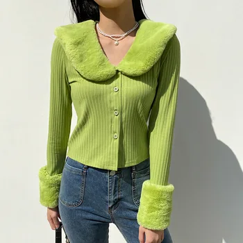 2021 Y2K Megztiniai V Kaklo Komplektus Plunksnų Lopas Trikotažas ilgomis Rankovėmis susagstomi megztiniai Žalia Moterų Streetwear Šalių Viršūnių Pavasario