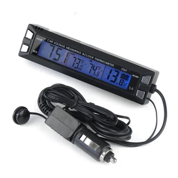 3 in 1 Automobilis Skaitmeninis Auto Termometras Voltmeter Laikrodis Volt Temperatūros Monitorius, 12V Lauko vidaus LED Oranžinė/Mėlyna Apšvietimas