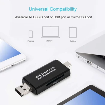 3 in 1 Kortelių Skaitytuvas Tipas C & Micro USB ir USB į SD Micro SD TF Card Reader OTG Adapteris, 