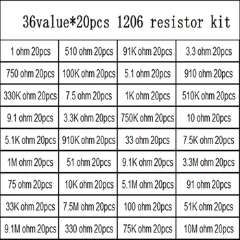 36Value*20pcs =720pcs 1206 SMD Rezistorius Rinkinys 1/4W 0.25 W 5% 1 ohm - 10 Mω komponentas 