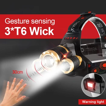 3T6 labiausiai galingas Sensorius jungiklis žibintai usb įkraunamas led žibintų 18650 galvos žibintuvėlį, fakelą xhp90.2 medžioklės žibinto lemputė