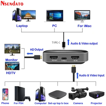 4K 1080P 60fps C Tipo HD USB3.0 HD Žaidimas Vaizdo įrašymo Grabber Užfiksuoti Kortelės Dongle Žaidimas Streaming Live Stream Transliacijos Langelyje