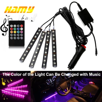 4pcs Automobilių RGB USB LED Šviesos Juostelės Interjero Stilius, Dekoratyvinis Atmosfera Lempos, LED Juostelės Su Nuotolinio Balso kontroliuojamas ritmas lempos