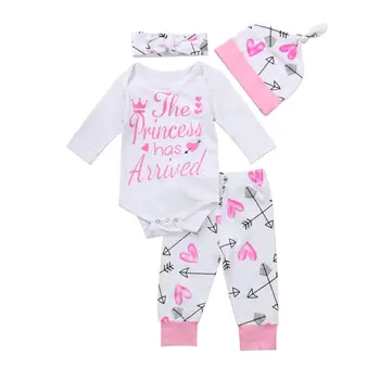 4PCS Naujagimiui Baby Girl Komplektus Drabužių Nustatyti Romper Bodysuit+Kelnės, Antblauzdžiai