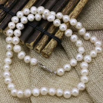7-8mm natūralios baltos spalvos gėlavandenių dirbtiniu būdu išaugintų perlų nearround karoliukai, karoliai, grandinės moterys šalis prom dovanos, papuošalai, pakabukai 18inch B3225