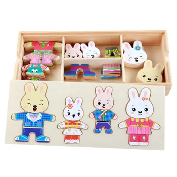 72pcs Cartoon 4 Bear Rabbit Dress Keitimas Dėlionės Medinis Žaislas Montessori Ugdymo Kaita Drabužiai, Žaislai Vaikams, Dovana