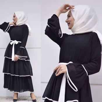 Abaja Dubajus Turkijos Musulmonų Suknelė Kaftan Caftan Šifono Islamo Drabužiai Moterims Musulmane Ramadanas Sluoksniuotos Apvalios Kaklo Skraiste