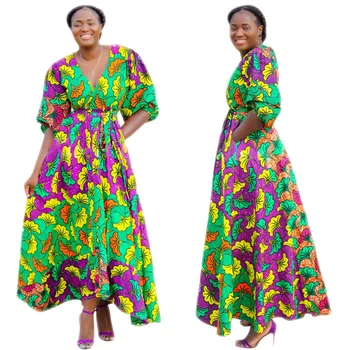 Afrikos Moterys Summer Maxi Dress Plius Dydis Derliaus Diržo Spausdinti Ilgomis Rankovėmis Boubou Afrikinio Femme Vestidos Drabužiai