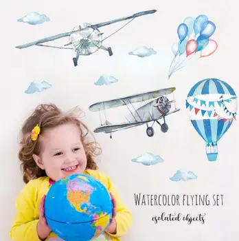Akvarelė skrydžio karšto oro balionu, Sienos Lipdukas vaikams, kūdikių kambariai namų puošybai PVC Sienų Lipdukai vaikų darželio lipdukai, tapetai