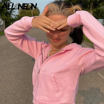 ALLNeon Y2K Mados Užtrauktukas Apkarpyti Viršūnes Derliaus E-mergina Rožinė Long Sleeve Pink Hoodies 2000-ųjų Estetika Indie Palaidinės Slim