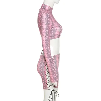 ANJAMANOR Rožinė Gyvatė Spausdinti Pusėje Tuščiaviduriai Iš Pririšti ilgomis Rankovėmis Tvarstis Suknelė Moterims Clubwear Seksuali Mini Bodycon Suknelė D83-CE18