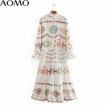 AOMO 2020 mados moterų suknelė boho stiliaus spausdinti maxi suknelė raukiniai ilgomis rankovėmis ponios derliaus ilga suknelė vestidos CE230A