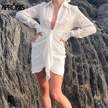 Aproms Elegantiškas Giliai V-kaklo, Balti Marškinėliai Suknelė Moterims Vasaros Sexy Juosmens Kaklaraištis Mini Suknelės Pašaukimas Gatvės Stiliaus Ruched Vestidos 2021