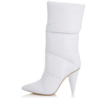 Arden Furtado 2019 žiemos žemyn batai baltos spalvos kūgio kulniukai mados moterų ponios aukštakulniai pusė med blauzdos batai ponios baltas juodas