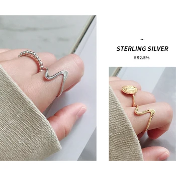 AsinLove Unikalus Nekilnojamojo 925 Sterlingas Sidabro Paprasta Masto Bangų Modelį Žiedas 18K Aukso Atidaryti Moterų Žiedai Kūrybinis Dizainas Fine Jewelry