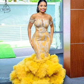 Aukso Geltona Plius Dydis Undinė vakarinę Suknelę 2020 Naujas Pynimas Sijonas Nėrinių Afrikos Moterų Prom Dresses trumpomis Rankovėmis Suknelė abendkleider