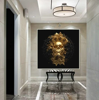 Aukso kaukolė ir aukso juodos gėlės ant drobės, freska, plakatų ir grafikos abstraktaus meno stiliaus nuotraukas, namų puošybai nuotraukas