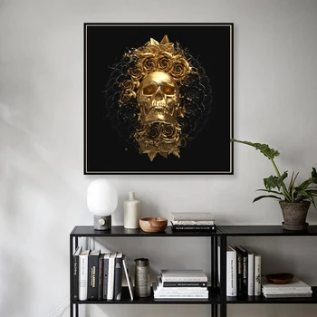 Aukso kaukolė ir aukso juodos gėlės ant drobės, freska, plakatų ir grafikos abstraktaus meno stiliaus nuotraukas, namų puošybai nuotraukas
