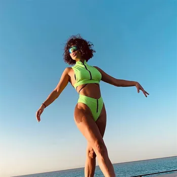 Aukštos Juosmens Bikini 2020 Mujer Neoninė Žalia Maudymosi Kostiumėlį Moteris Aukštos Kaklo Maudymosi Kostiumėliai Moterims Užtrauktukas Pasėlių Viršų Seksualus Maudymosi Kostiumą Besimaudančių