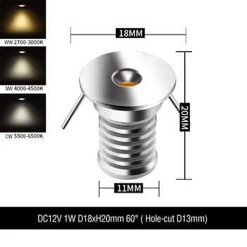 Aukštos kokybės 1 W super mini 12V LED prožektorių labai maža virtuvė vitrina kabinetas šviesos lubų nišoje vietoje lempos skylę D13mm