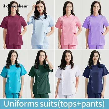 Aukštos kokybės Moterų slaugos Spa Uniformos, kostiumai/viršūnes Pratęsti Pusėje Juosmens Apykaklės Reguliuojamas Dirželis Atidarymo krūmynai uniformas viršūnes+kelnės