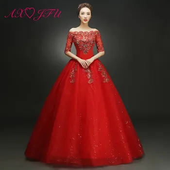 AXJFU Gėlių princesė balta nėrinių vestuvių suknelė vintage šalis princesė valtis kaklo pusė rankovės duobute raudonos nėrinių vestuvinė suknelė