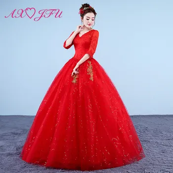 AXJFU princesė gėlių raudonos nėrinių vestuvių suknelė, derliaus šalis, v kaklo turkija kamuolys suknelė aukso nėrinių gėlių balta vestuvinė suknelė