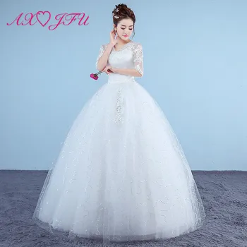 AXJFU princesė gėlių raudonos nėrinių vestuvių suknelė, derliaus šalis, v kaklo turkija kamuolys suknelė aukso nėrinių gėlių balta vestuvinė suknelė