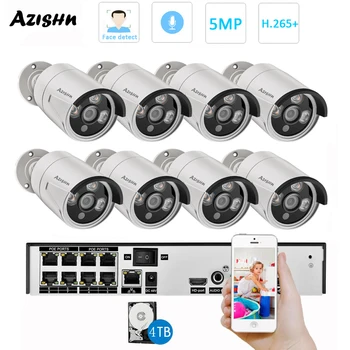 AZISHN H. 265 8CH 5MP POE Apsaugos kamerų Sistemos Komplektas, Garso Įrašas, IP Kameros IR Lauko Vandeniui CCTV Vaizdo Stebėjimo NVR Rinkinys