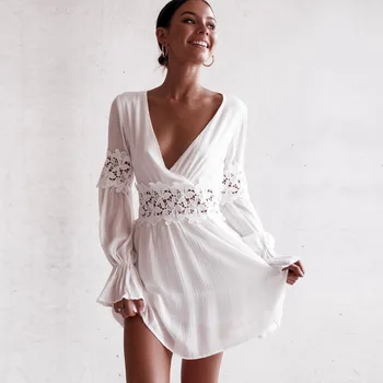 Balta Homecoming Suknelės V-Kaklo, ilgomis Rankovėmis Elegantiškas Vasaros Kokteilis Suknelė Paprasta Oficialų Suknelė YSAN853