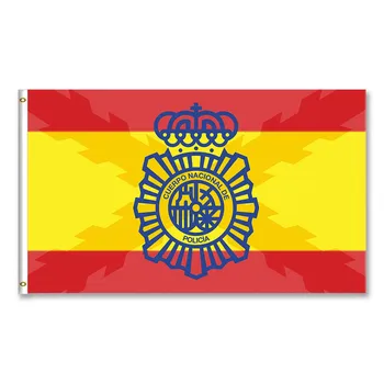 Bandera de España con la sono garsas sonorigisto de la Cruz de Borgoña y eskudas Cuerpo del Nacional de Policia Policía Nacional española