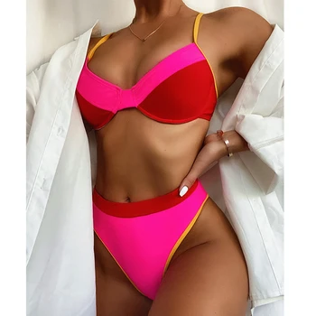 Be-X Aukšto juosmens pink red bikini 