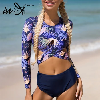 Be-X-O-kaklo bikini 2021 mujer Aukšto juosmens swimsuit moterys Augalų spausdinti maudymosi kostiumėliai, moterų Ilgas rankovėmis bikini Nėrinių maudymosi kostiumas
