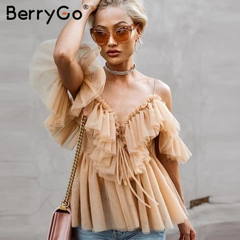 BerryGo Dirželis raukiniai akių palaidinė moterims marškinėliai V kaklu off peties vasaros palaidinė viršūnes Streetwear seksualus peplum viršūnes blusas 2019 naujas