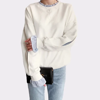BGTEEVER 2019 korėjos Marškinėliai Kratinys Moterims Palaidinės O-kaklo Balta Prarasti Hoodies Moterų Atsitiktinis Šiltų Megztinių femme Rudenį
