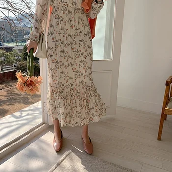 BGTEEVER Elegantiškas Ruched Gėlių Spausdinti Moterų Rudenį Suknelė Seksualus V-kaklo, Visas Rankovės Moterų Ilgos Suknelės 2020 M. Pavasarį Šifono Vestidos