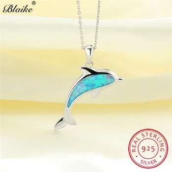 Blaike Mielas Blue Fire Opal Delfinų Pakabučiai Kietasis 925 Sterlingas Sidabro Vaivorykštė Birthstone Gyvūnų Karoliai Moterų Choker Dovanos