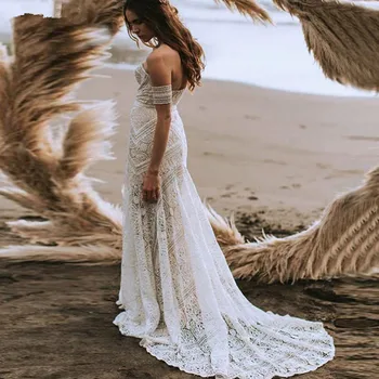 Bohemijos Mermaid Paplūdimys Vestuvių Suknelės 2019 M. Derliaus Off Peties Medvilnės Nėrimo Nėriniai Slidinėti Hipių Šalies Nuotakos Suknelė