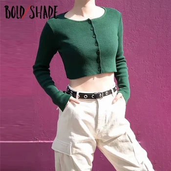 Bold Atspalvį 90s Estetinės Derliaus Pasėlių Viršūnes Y2K E-girl Briaunoti Mygtuką ilgomis Rankovėmis Kietas T-shirt Streetwear Mados Moterų Karšto Tees
