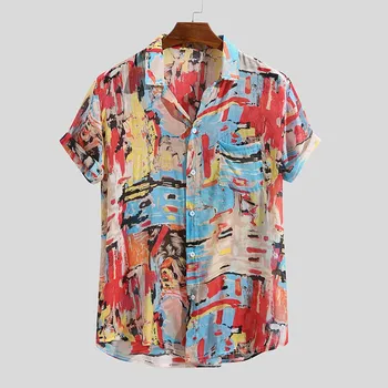 Camisas Shirt Mens Havajų Streetwear Vasaros Orui Spalvinga Spausdinti Prarasti Pasukite Žemyn Apykaklės Trumpas Rankovės Marškinėliai Chemise Homme