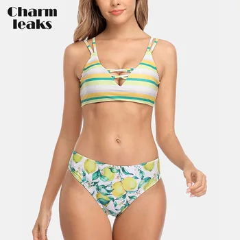 Charmleaks Moterų Bikini Komplektas Retro Spausdinti Maudymosi Kostiumėlį Juostele Maudymosi Kostiumėliai, Strappy Sutvarstyta Seksualus Maudymosi Kostiumą Paplūdimio
