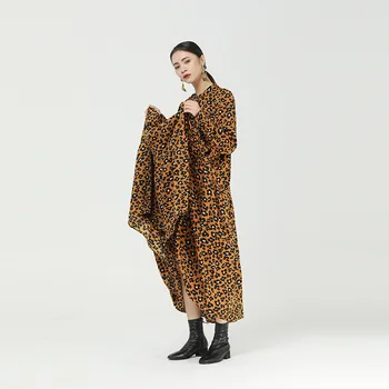 CHICEVER Vintage Suknelė Moterims Stovėti Apykakle ilgomis Rankovėmis Prarasti Negabaritinių Leopardas Spausdinti Linijos Suknelės Moterų 2020 M. Rudens Drabužiai